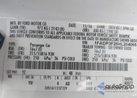 2017 Ford Focus Se z USA, uszkodzony, nr VIN 1FADP3F26HL204065